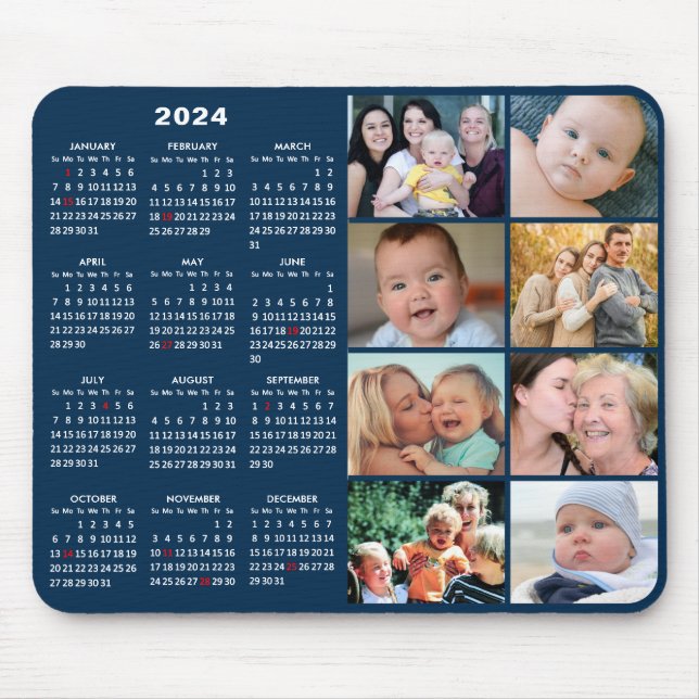 2024 Calendar Modern Blue 8 Family Photo Collage Musmatta (Framsidan)