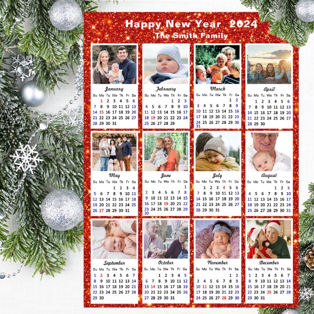 2024 Calendar Modern Family Photo Festive Red Julkort (Skapare uppladdad)