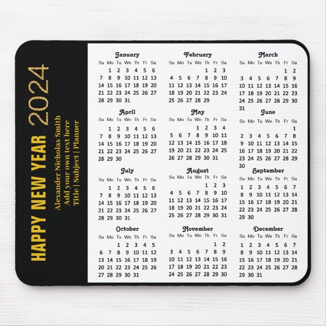 2024 Calendar Modern Guld Script Black Minimalist Musmatta (Framsidan)