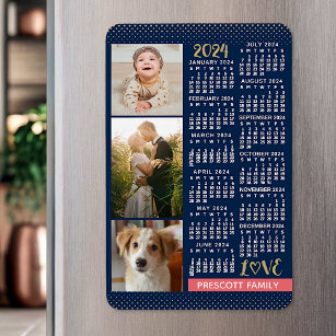 2024 Calendar Navy Coral Guld Family Photo Collage Magnet