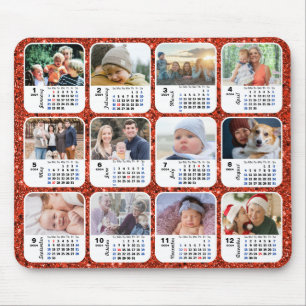 2024 Calendar Red Glitter 12 Family Photo Collage Musmatta