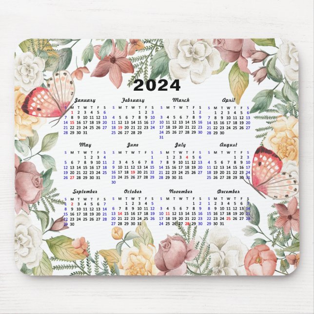2024 Calendar Ro Blommigt Greenery Rosa Butterfly Musmatta (Framsidan)