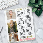 2024 Calendar  Rosa Guld Family Photo Collage<br><div class="desc">Fira 2024 med den här elegantens fotosamlingskalender. Med lättläst data i fet svart har denna vackert enkla kalender ord 2024 och KÄRLEK i faux guld glitter med en rosa pub längs grund för din personlig namn eller annan text. Lägg till tre av dina favoritfotografier lodrätt längs den lämnat sidan (2...</div>