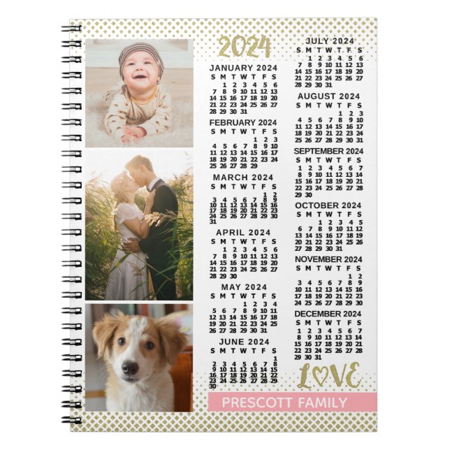 2024 Calendar  Rosa Guld Family Photo Collage Anteckningsbok (Framsidan)