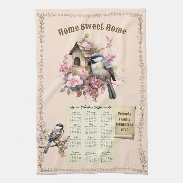 2024 Calendar Towel Chickadees Home Sweet Kökshandduk (Vertikal)