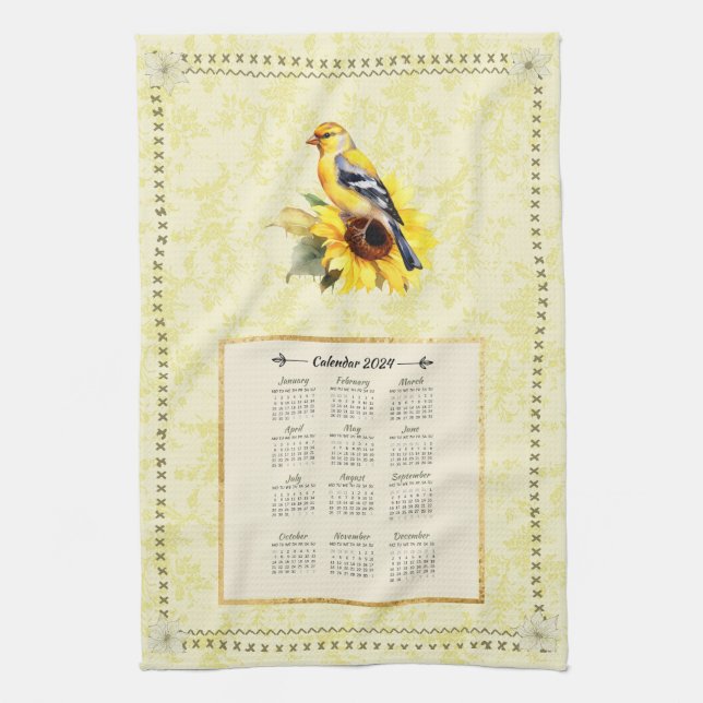 2024 Calendar Towel Gult Goldfinch Kökshandduk (Vertikal)