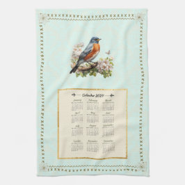 2024 Calendar Towel Robin Bird Aqua Damask Kökshandduk