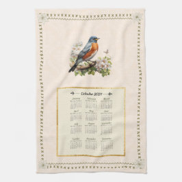 2024 Calendar Towel Robin Bird Peach Damask Kökshandduk