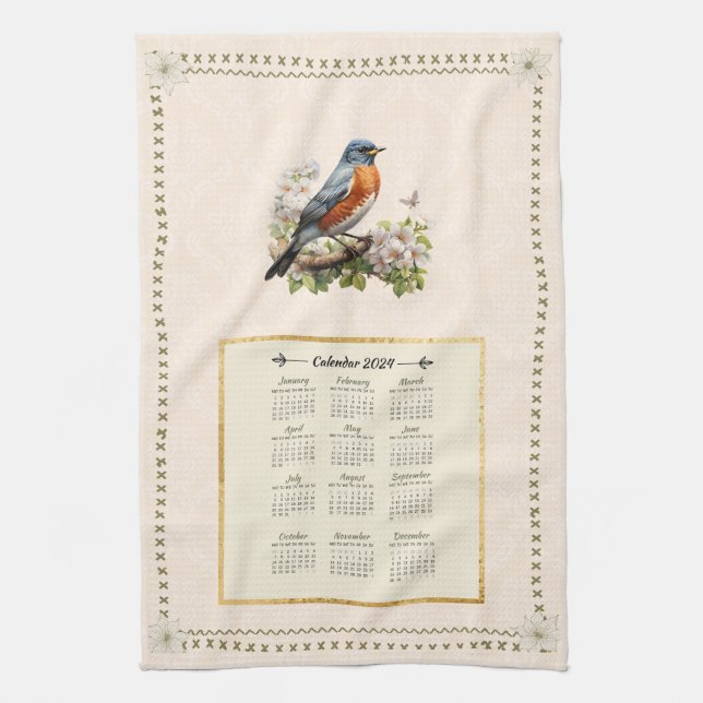 2024 Calendar Towel Robin Bird Peach Damask Kökshandduk (Vertikal)