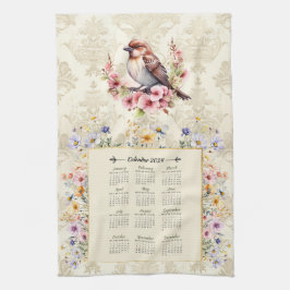 2024 Calendar Towel Sparrow med Wildblommor Kökshandduk
