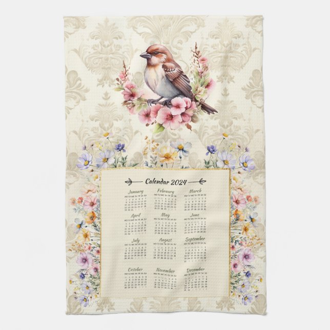 2024 Calendar Towel Sparrow med Wildblommor Kökshandduk (Vertikal)