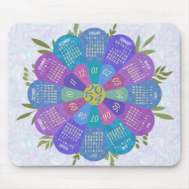 2024 Calendar Unique Round Boho Lila Flower Musmatta (Framsidan)