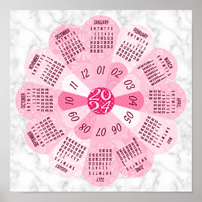 2024 Calendar Unique Round Boho Rosa Flower Poster (Framsidan)