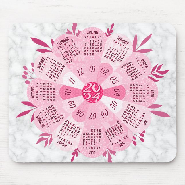 2024 Calendar Unique Round Boho Söt Rosa Flower Musmatta (Framsidan)