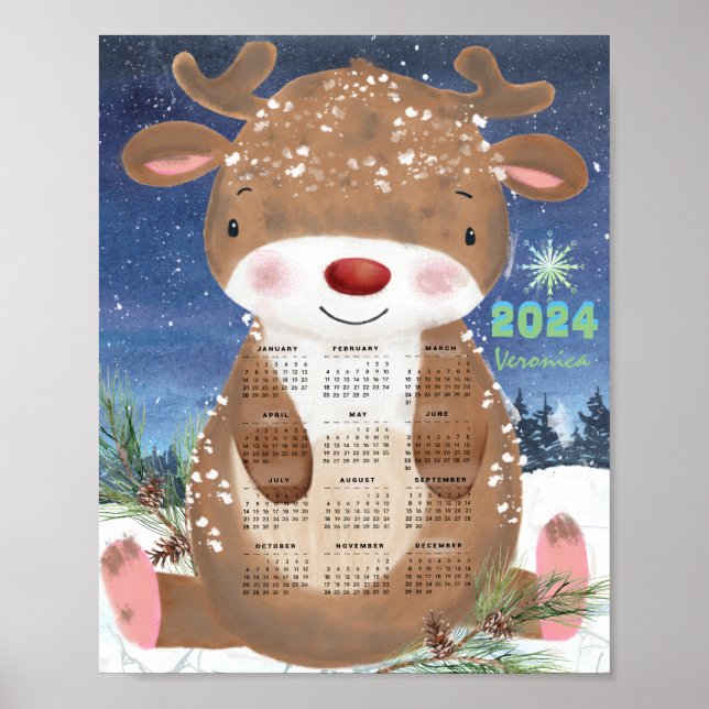 2024 Cute Reindeer Kalender Poster (Framsidan)