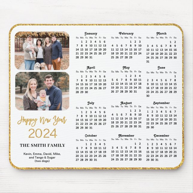 2024-familjfoto för kalender Guld Glitter Script 2 Musmatta (Framsidan)