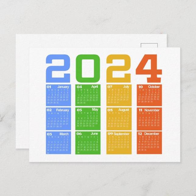 2024 Färgglad kalender Vykort (Fram/baksida)