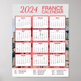 2024 Frankrike Calendar in English Download Pdf $3 Poster