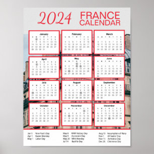 2024 Frankrike Calendar in English Download Pdf $3 Poster