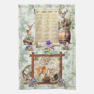2024 Grönt för Calendar Towel-Hjorten Buck Pansies Kökshandduk