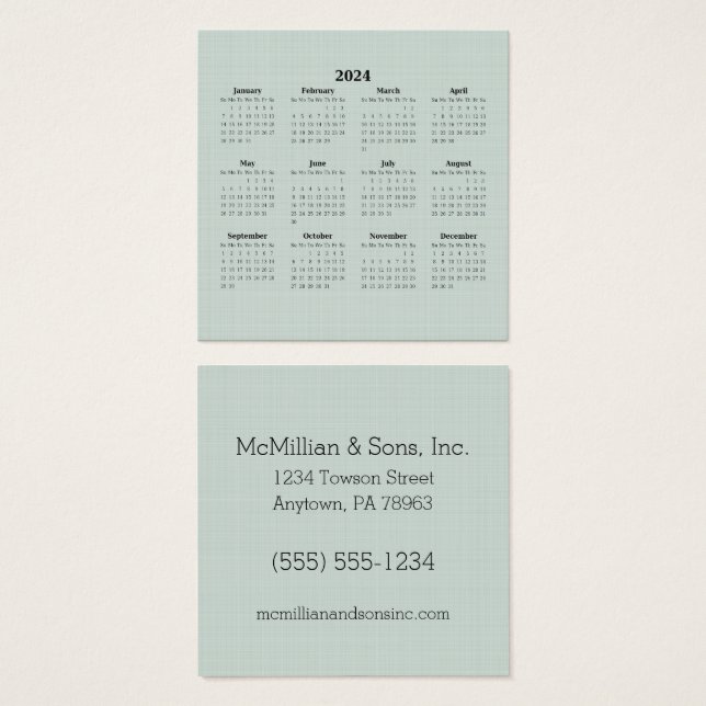 2024 Grönt i månadskalendern Linen Anpassningsbar  Fyrkantigt Visitkort (Framsida & baksida)