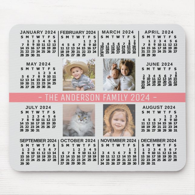 2024 Kalender 4 Anpassningsbar Photo Namn Grått Co Musmatta (Framsidan)