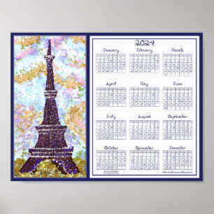 2024 Kalender Eiffel Torn Pointillism Landskap Poster