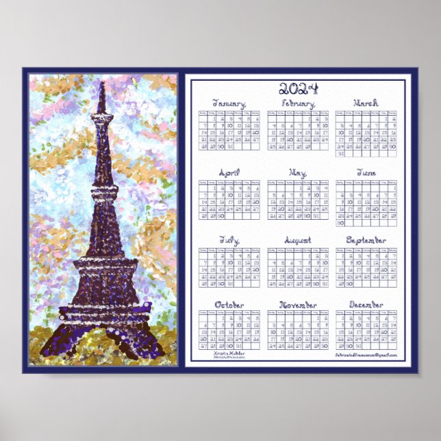 2024 Kalender Eiffel Torn Pointillism Landskap Poster (Framsidan)