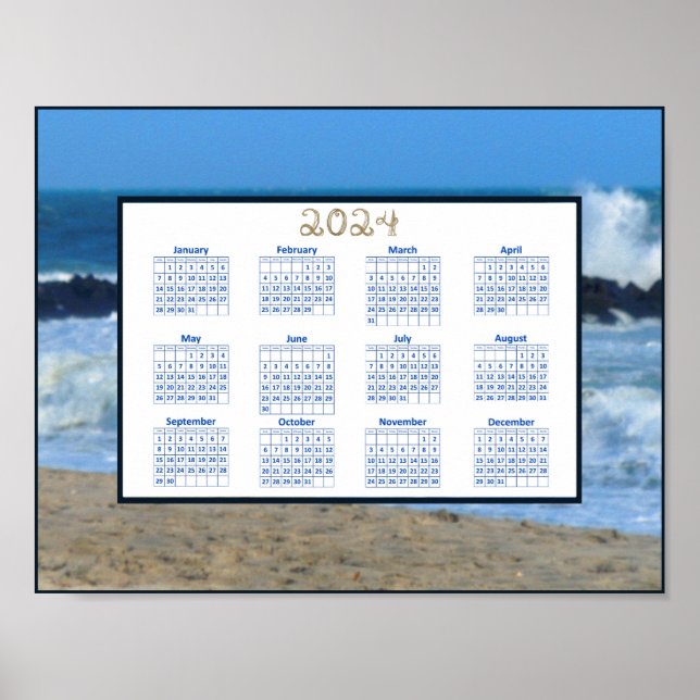 2024 Kalender Havsvågor Strandstenar Foto Poster (Framsidan)