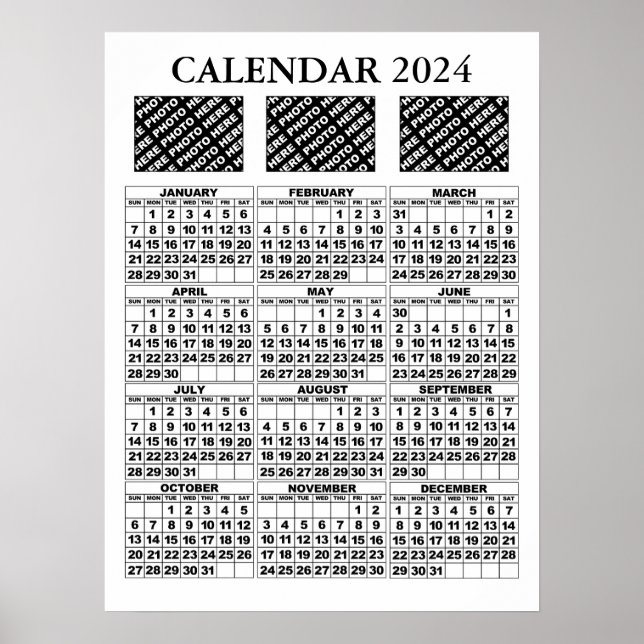 2024 Kalender Lägg till 3 foton Poster Vit 18 x 24 (Framsidan)