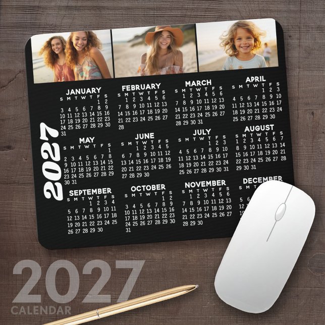 2024 Kalender med 3 fotokollage - svart  Musmatta (2027 Calendar Mousepad)
