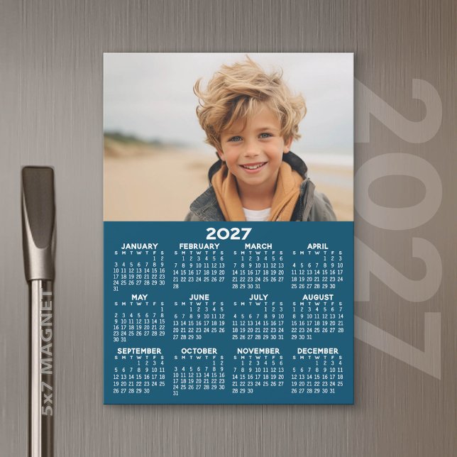 2024 Kalender med Foto Blå Vit Magnetisk Kort (2027 Calendar Magnet)