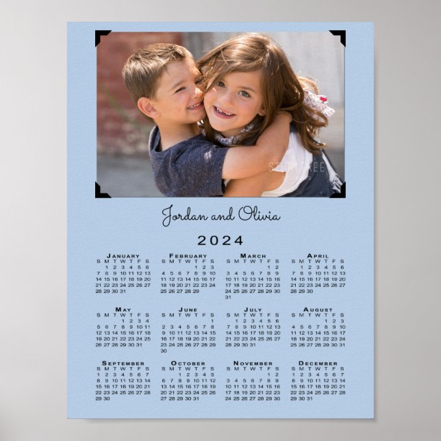 2024-kalender med foto- och Namn-ljusblå Poster (Framsidan)