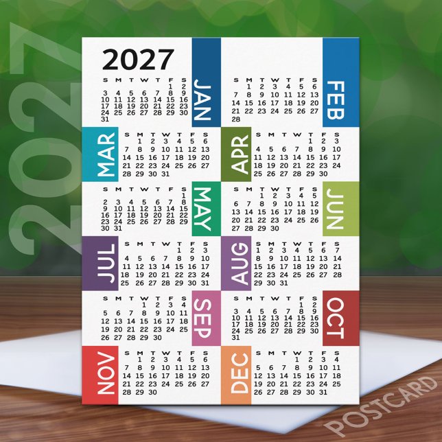 2024 Kalender med funkiga färgglada månader Vykort (2027 Calendar on a Postcard)