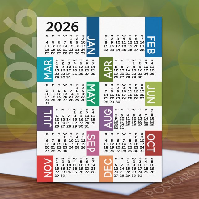2024 Kalender med funky - färgstarka månader Vykort (2026 Calendar Postcard)