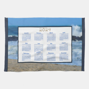 2024 Kalender Ocean Vågar Beach Sten Foto Kökshandduk