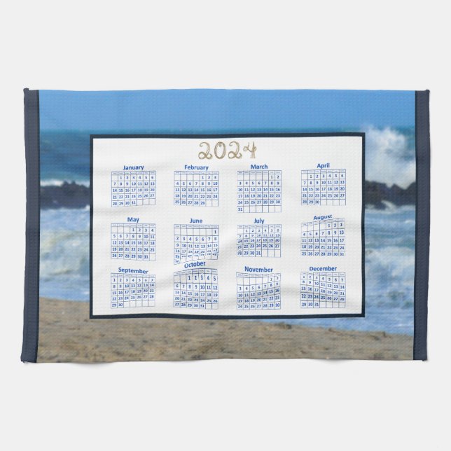 2024 Kalender Ocean Vågar Beach Sten Foto Kökshandduk (Horisontell)