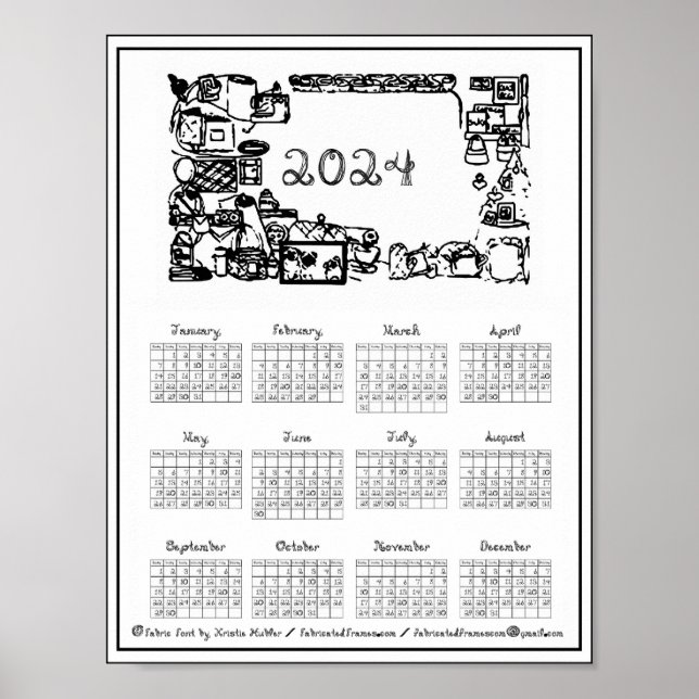 2024 Kalender Tyg Typsnitt Tillverkade Ramar Tryck (Framsidan)