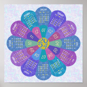 2024 Kalender Unik Rund Boho Lila Blomma Poster