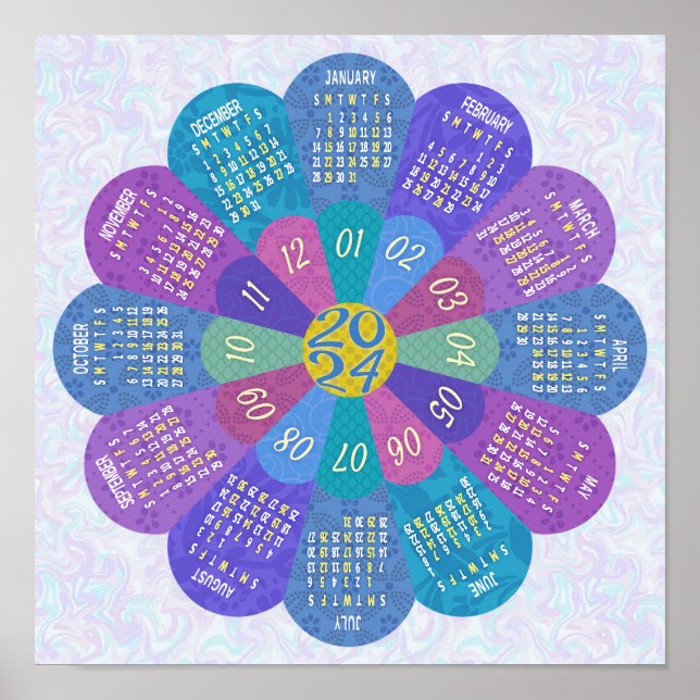 2024 Kalender Unik Rund Boho Lila Blomma Poster (Framsidan)