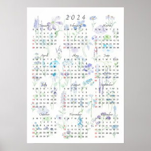 2024 kalender vattenfärgsfärgad lila och blå forma poster