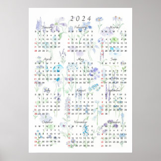 2024 kalender vattenfärgsfärgad lila och blå forma poster