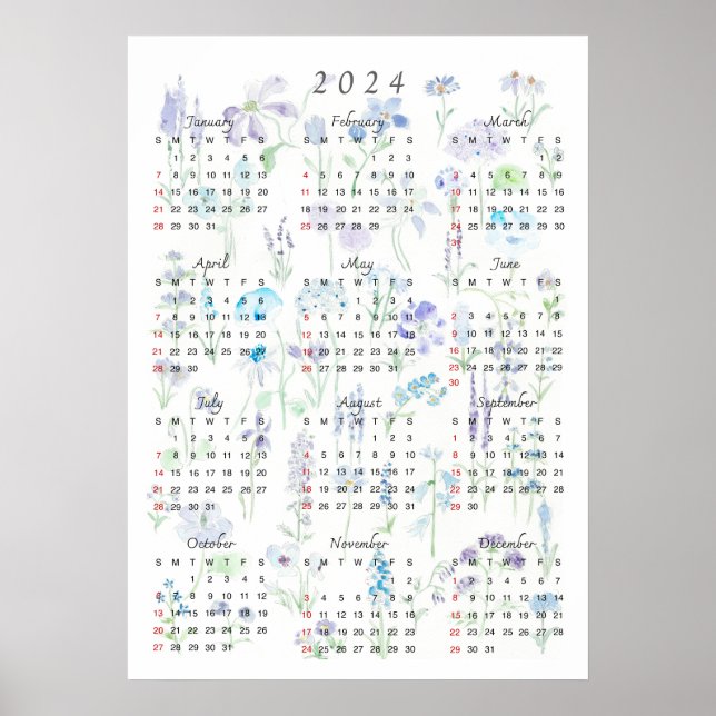2024 kalender vattenfärgsfärgad lila och blå forma poster (Framsidan)