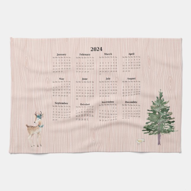 2024 Kalender Woodland Hjort Bird Träd Kökshandduk (Horisontell)