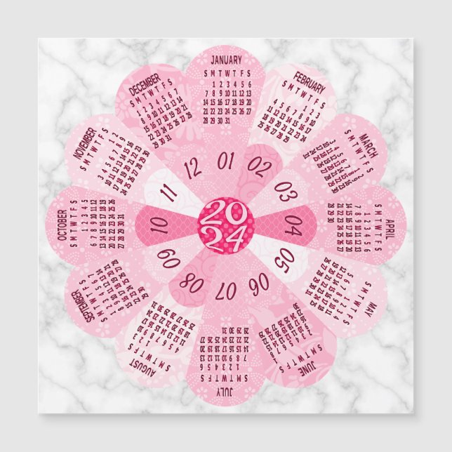2024 Kalenderår Unik Boho Rosa Flower Magnet (Framsida)