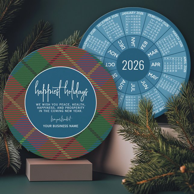 2024 Kalendern Cirkel - grön blå rutig - Gladast Julkort (2026 Calendar on a Business Holiday Card)