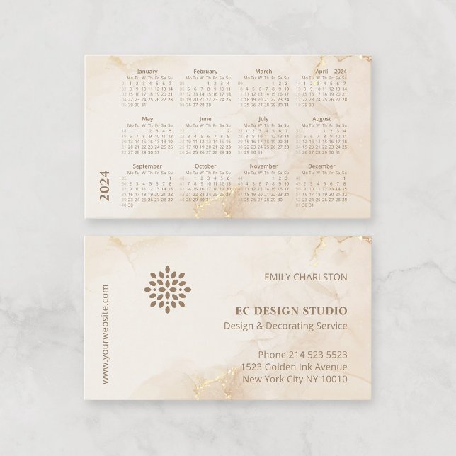 2024 Kalenderns Elegant Modern Beige Golden Bläck Visitkort (2024 Business Card Calendar. Modern elegant gold beige watercolor background, with company logo.)