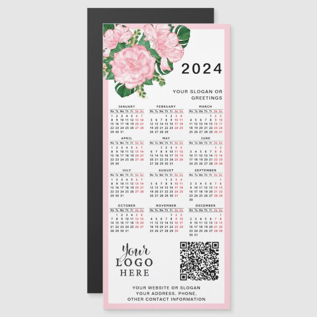 2024 Kalenderns Logotyp QR Code Rosa White Blommig (Fram/baksida)