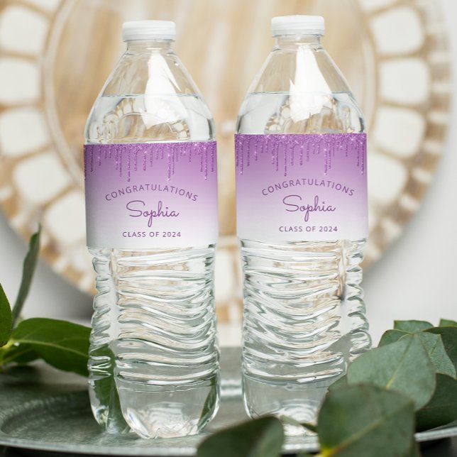 2024 Lila Glitter Drip Studentfest Vattenflaskor Etikett (Skapare uppladdad)