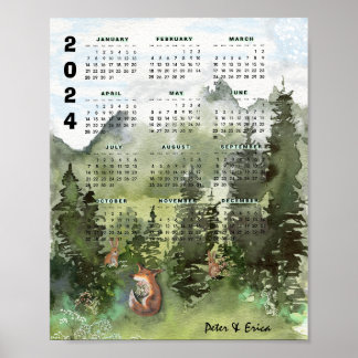 2024 Månadskalender Poster vattenfärgsskog